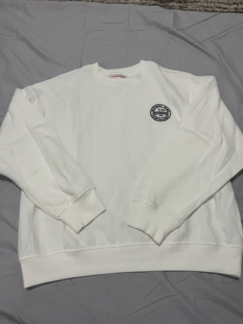 Victoria's Secret White Crewneck Sweatshirt with Navy Chest Patch